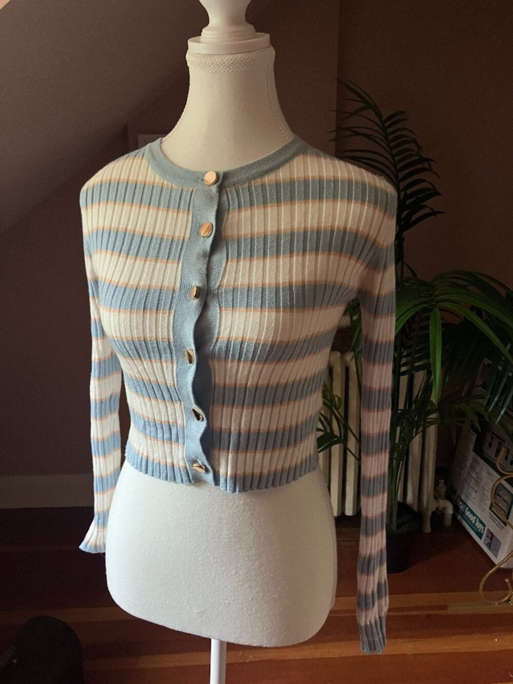 Blue & white striped knit button front long sleeve cardigan top casual